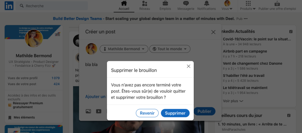 Exemple de demande de confirmation d'action - LinkedIn - améliorer l'expérience de vos utilisateurs